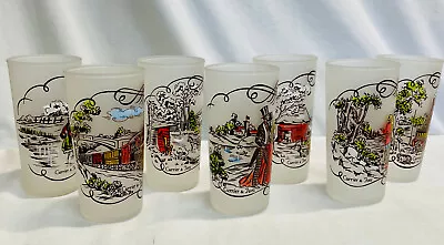 VTG MCM Currier & Ives Frosted Tall Tumbler Glasses W/ Painted Scenes Set/7 • $24