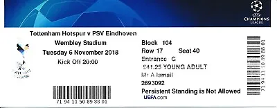 TICKET: Tottenham V PSV Eindhoven (UEFA Champions League) 2018/2019 • £5.99