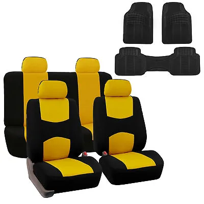 Cloth Car Seat Cover Full Set  Solid Bench With Floor Mat Yellow • $59.98