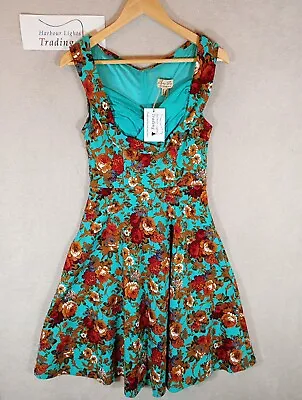 Lindy Bop Dress Ladies Rockabilly 50's/60s Swing Green Brown Flowers Size 8-6 • £22.49