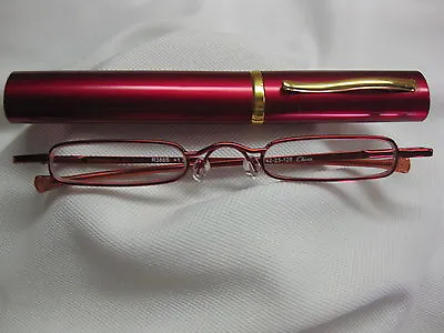 Metallic RED ULTRA SLIM & TRIM Reading Glasses Gold Trim Hard Tube Case +2.00 • $8.99