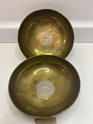 Two QAJAR PERSIAN SILVER COIN SET ANTIQUE BRASS BOWLS About 4” Wide • $89