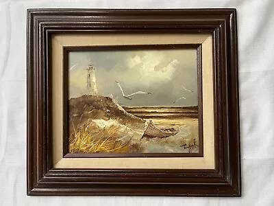 Vintage Original Oil Painting On Canvas Seashore Lighthouse Boat By Engel Framed • $35