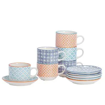 Patterned Stacking Cups And Saucer Tea Coffee Mug Set - Set Of 6 • £22