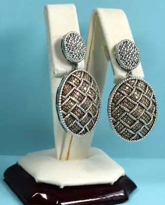 Natural Champagne Diamonds Micro Pave Drop Pierce Earrings In Sterling Signed JS • $47.95