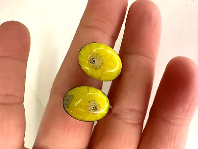 Vintage Earrings Clip On Art Glass Millefiori Oval Lemon Yellow Unsigned Smooth • $11.40