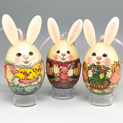 3 Midwest Of Cannon Falls Easter Bunny Rabbit Decoupage Egg Ornaments Ears Vtg • $14.99