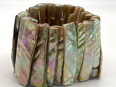 Wide Light Gold Iridescent Abalone Shell Stretch Bracelet One Size Fits Most #6 • $9.99