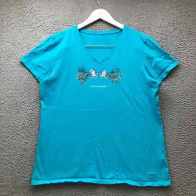 Life Is Good Crusher T-Shirt Women's Large L Short Sleeve V-Neck Graphic Blue • £18.99