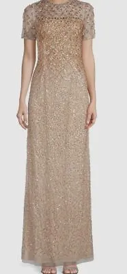 $595 Aidan Mattox Women Gold Beaded Back Slit Round Neck Gown Dress Size US 8 • $190.78