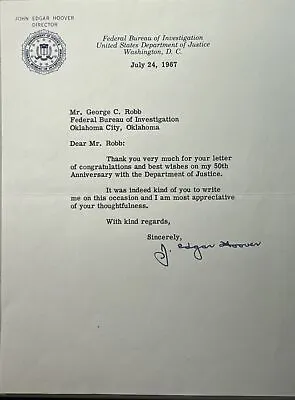 J. Edgar Hoover - Typed Letter July 1967 - Signed Autograph FBI Stationary • $129