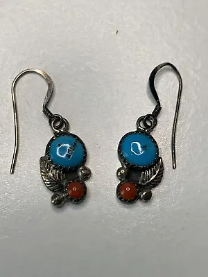 $20 • Buy Signed RB Sterling Silver Native American Dangle Earrings Turquoise Coral