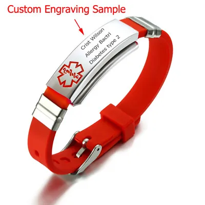 £9.59 • Buy Women Men Kids Medical Alert ID Bracelet Red Silicone Band Custom Free Engraving
