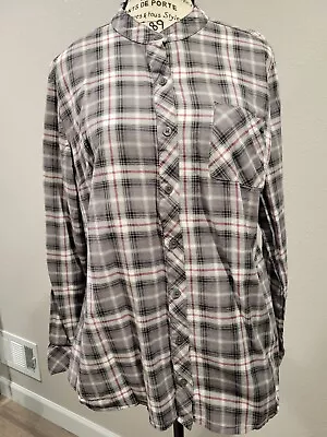 Denim & Co. Stretch Weave Plaid Mandarin Collar Button Front Shirt M Medium • $18