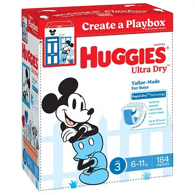 Huggies Boys' Ultra Dry Nappies Size 3 Crawler (6-11kg) 184 Nappies • $84.95