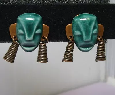 Vintage Mayan Aztec Mexico Mask Earrings Copper & Green Enamel Clay Tribal • $39.99