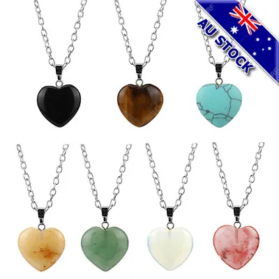 Love Heart Gemstone Natural Crystal Healing Chakra Stone Pendant Necklace • $5.98