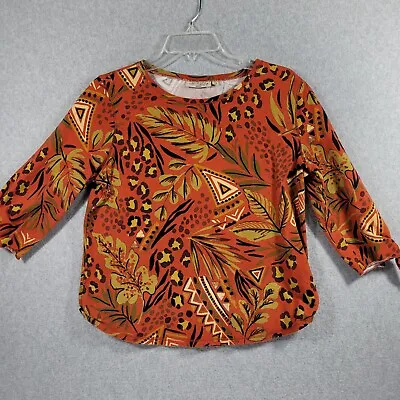 Orchadia Petites Womens Top Orange Brown Black Animal Tribal Tie Sleeve PM • $10.79