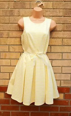 Oasis White Yellow Striped Tailored Skater Flippy Party Formal Nautical Dress 12 • £19.99
