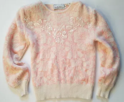 Needleworks Petites Pink White Sequin Rabbit Hair Sweater Size P STAIN See Pics • $10