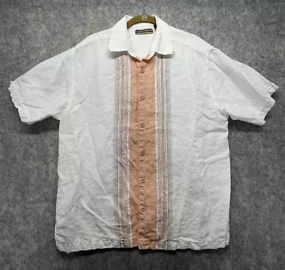 CUBAVERA Mens L Short Sleeve Button-Up 100% Linen Shirt White W/ Salmon Strips • $14.99