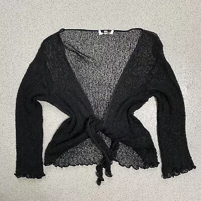 Vintage Black Open Mesh Knit Lettuce Hem Y2K 00s Witchy Shrug Cardigan One Size • $14.94