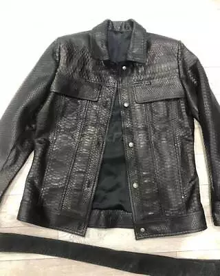 Men Black Exotic Genuine Python Embossed Lambskin Leather Jacket Coat • $167.16