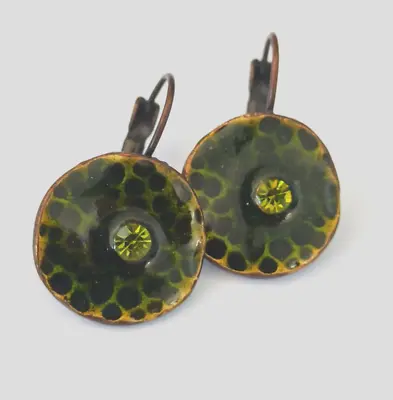 Vintage Earrings Dark Olive Green Leopard Enamel Round Crystal Art Deco 1  VTG • $19.20