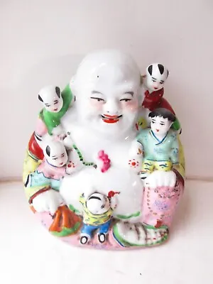 Large Vintage Chinese Porcelain Laughing Buddha With 5 Playing Children 12” • £51.73