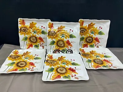 Maxcera  SUNFLOWER BUNCH  ~ Set Of 6 ~ Square Salad / Lunch Plates ~ 9  • $103.99
