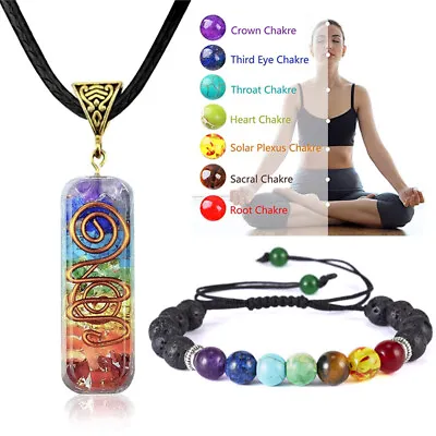 7 Chakra Reiki Healing Yoga Natural Stone Pendant Necklace Bracelet Jewelry Gift • £3.52