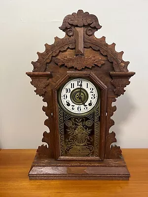 Antique Mantel Kitchen Alarm Wooden Case Clock W/Key 23 1/2  Tall 14  Widest • $179.99