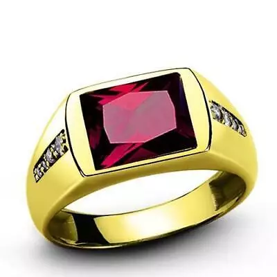 18K Solid Yellow GOLD With Red Ruby Diamond Accents Fine Classic Ring For Men • $1080
