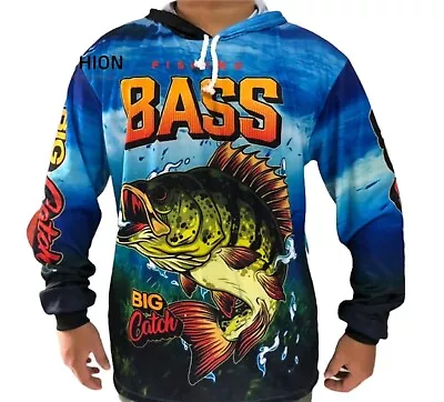 New Bass Big Catch Long Sleeve Fishing Drawstring Hoodie Shirt-XL • $20