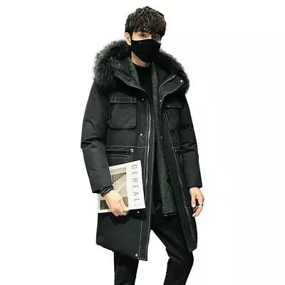 Men Fur Collar Hooded 80% White Duck Down Jackets Winter Mid Long Coat Outwear D • $143.44
