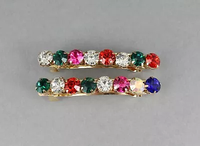 2 Crystal Small Barrettes Metal Hair Clip Multi Color Faceted Gems 2 3/8  Long • $5.21