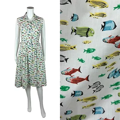 Vintage 60s Fish Dress Women's Small Novelty Print Colorful Sleeveless Shirtdres • $148