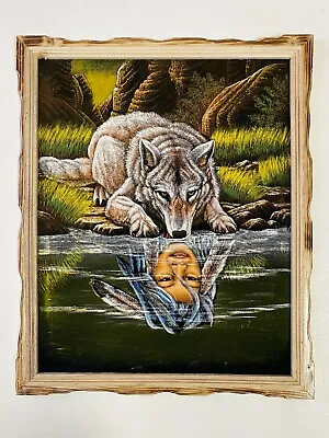 WOLF REFLECTION Hand Painted  VELVET PAINTING  18  BY 22  W  FRAME DECOR #E • $48