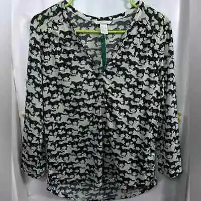 H&M V-Neck Top S Black & Ivory Horses Print 3/4 Length Sleeves Sz S Nwt • $12.59