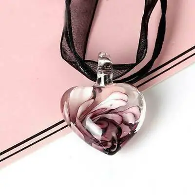 Jewelry Murano Glass Heart Spiral Necklace  Flower Inlaid Pendant 28mm Ribbon • £4.42