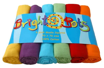 Bright Bots 6PK Baby Muslin Squares Cloths 70cm 100% Pure Soft Cotton Unisex Mix • £13.99