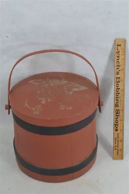 Vintage Firkin Wooden Bucket Paint Decorated Red Hand Made 8x9 Original  • $49