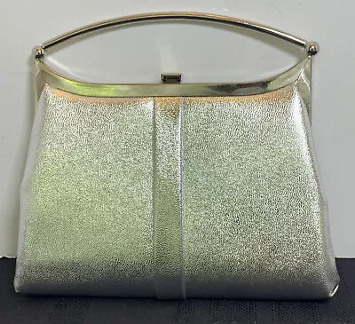 Shimmer Evening Handbag Vintage Silver Metallic Clutch Clasp Lined Purse Bag • $24.99