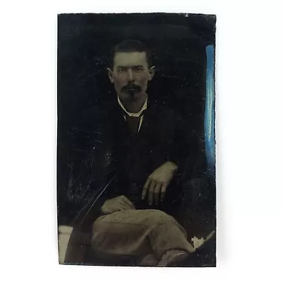 Crossed Legs Mustache Man Tintype C1870 Antique Necktie 1/6 Plate Photo A3821 • $29.95