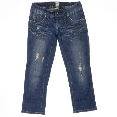 H2j Crop Capri Jeans Size 3/4 Juniors Distressed Blue Low Waist Measures 27x22.5 • $17.97