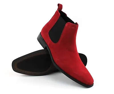 Genuine Suede Red Men's Dress Chelsea Boots Almond Toe Leather Lining AZAR MAN • $69