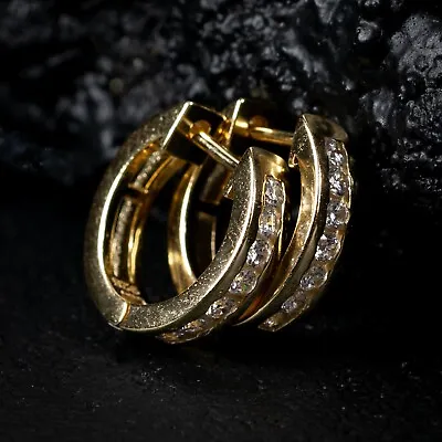 Men's 14k Gold Plated Iced One Row Vermiel 925 Sterling Silver CZ Hoop Earrings • $18.99