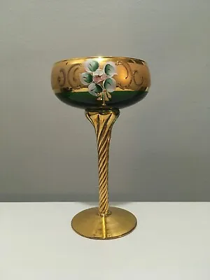 Antique Bohemian Moser Green Glass Wine Goblet Gold Glit Hand Painted Italy • $89.99