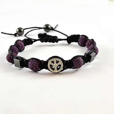 Men's Purple Lava Rock Hematite Natural Gemstone Beaded Shamballa Bracelet Peace • $26