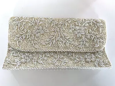 VTG Sharonee Ivory  Cream Sparkle Beaded Sequin Satin Purse Clutch Lg Grannycore • $16.99